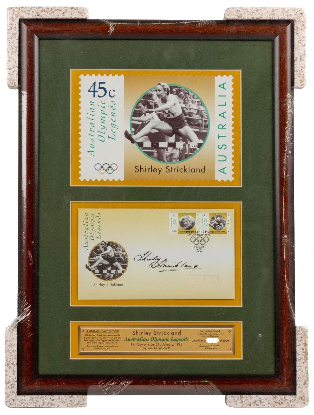Australia Post - Framed Shirley Strickland Giant Stamp & First Day Cover, Forty-Five Cents, 1998, UNC