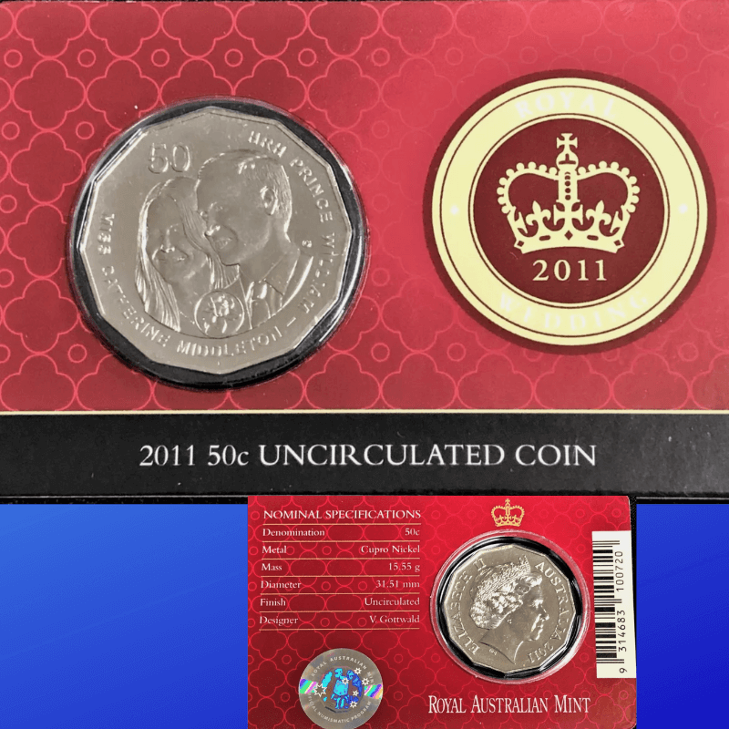 2011 William and Kate "ROYAL WEDDING" 50 cent uncirculated specimen coin in card
