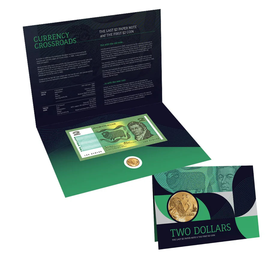 1988 Australia $2 Last Paper Note & First Coin – Uncirculated Currency Heritage Pack