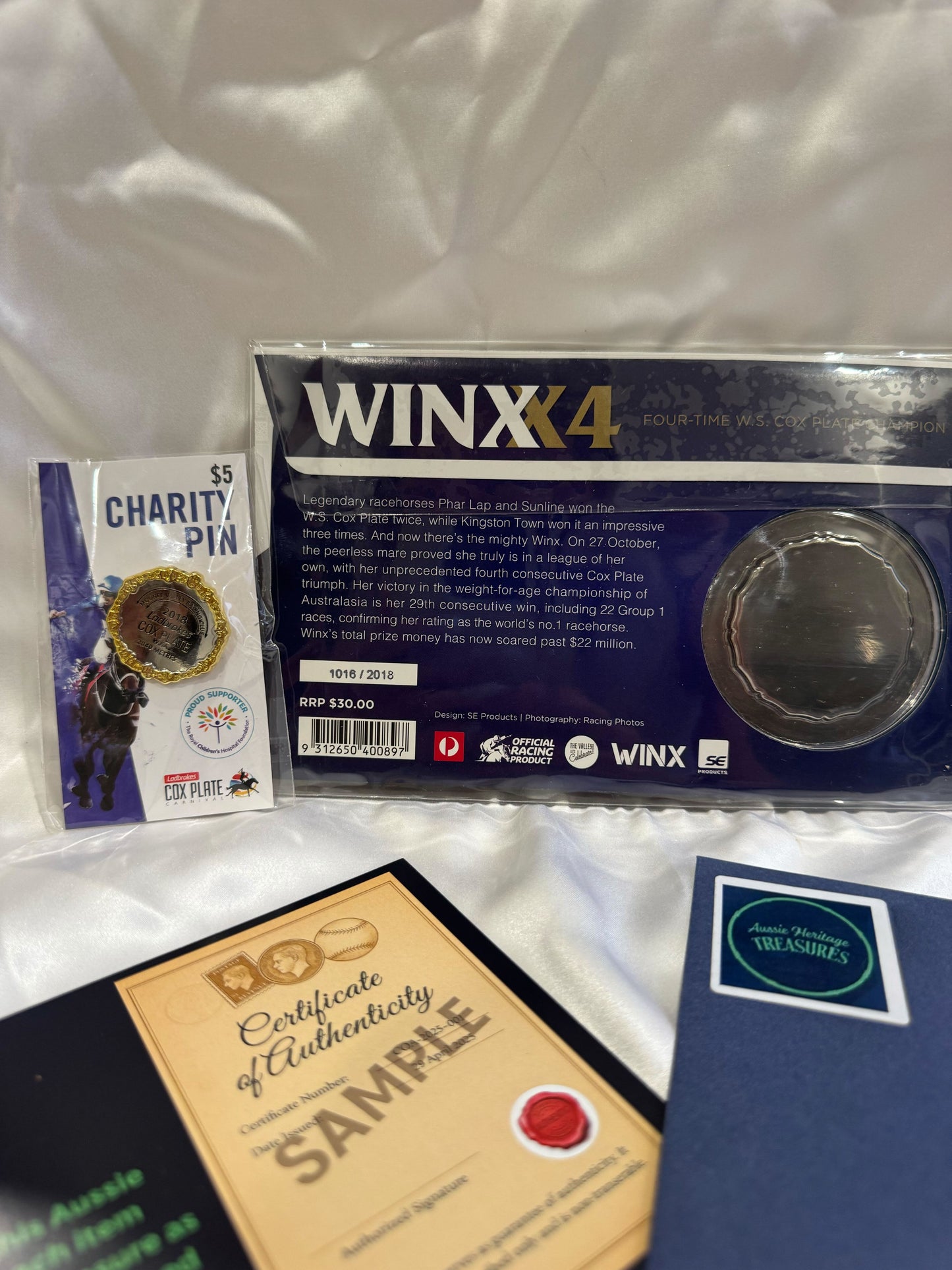 2018 WINX X4 W.S. Cox Plate Champion Medallion Cover PNC with Charity Pin