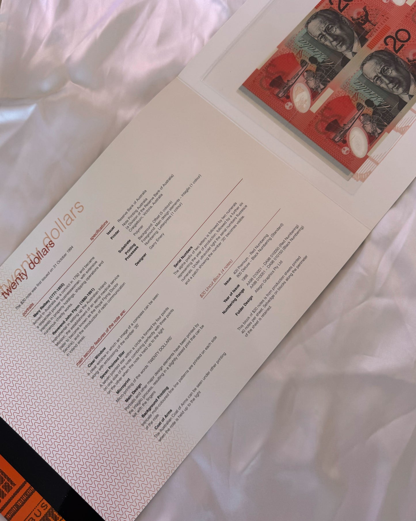 1998 Australia $20 Banknote – Uncut Block of Four (Red Serial)