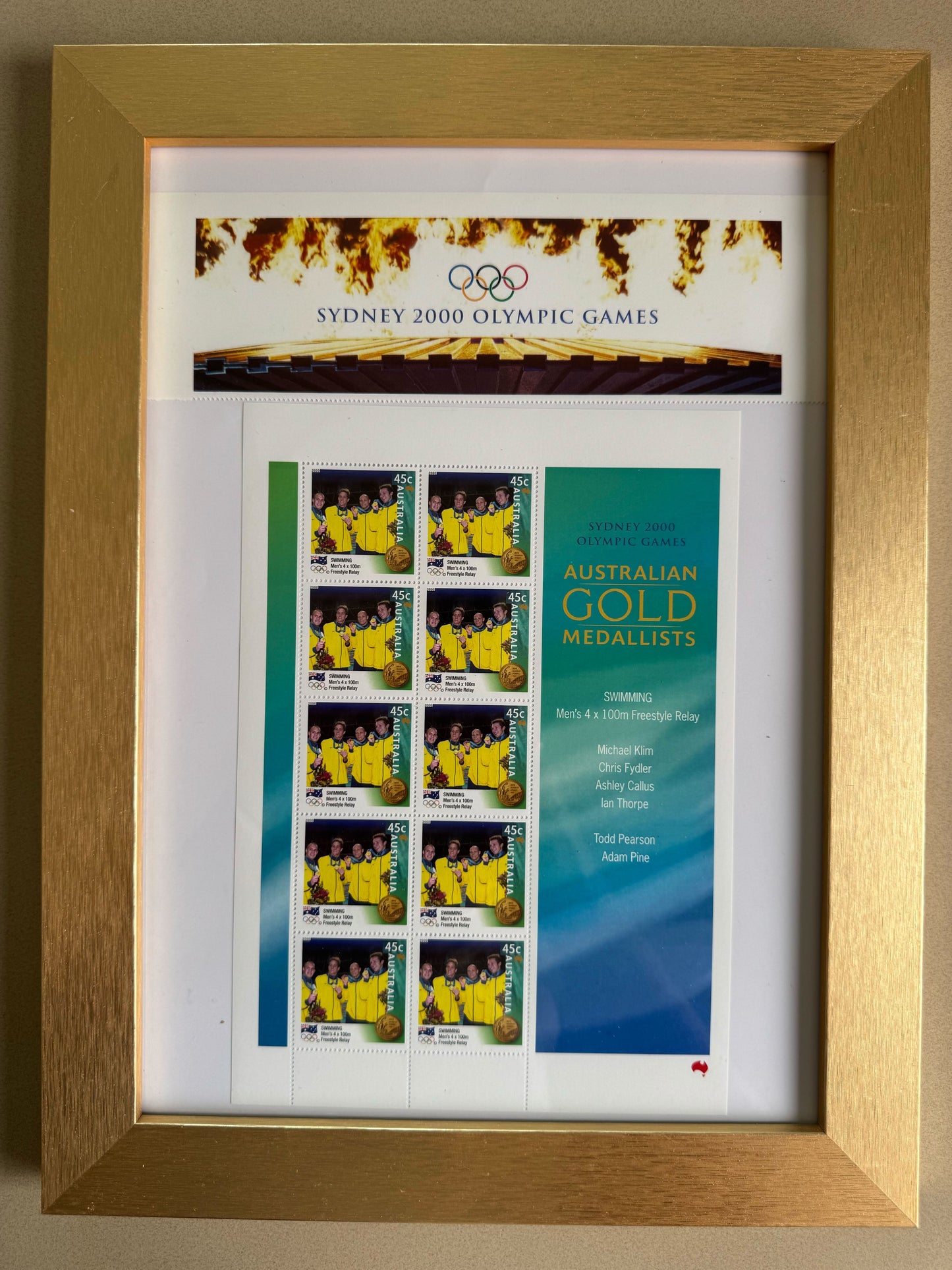 Sydney 2000 Olympic Games – Men’s 4 × 100m Freestyle Relay Gold Medallists MNH Sheetlet (Framed)