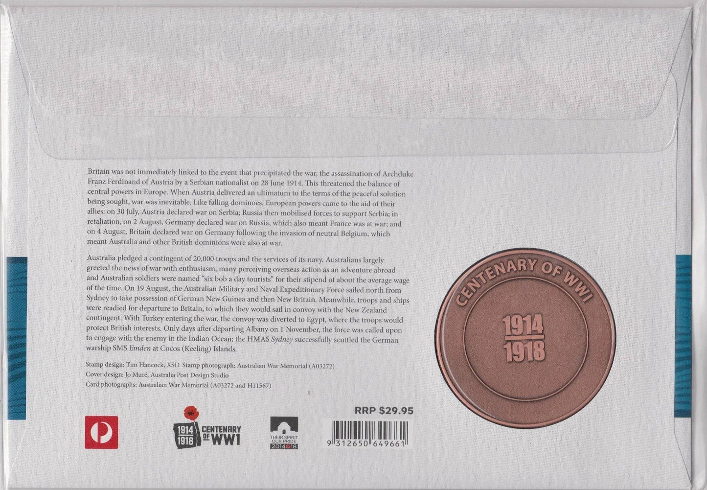 2014 WWI Medallion Cover - ANZAC Troops Depart 0518/2000 Limited Edition