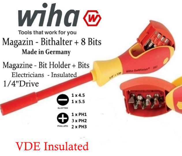 Wiha 8 Pce Magazine Magnetic Bit Holder Screwdriver Bits -Insulated 1/4"Drive