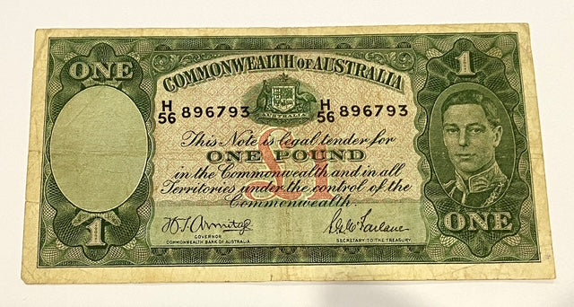 1942 Australian One Pound (£1) Banknote – Wartime Issue Post Free