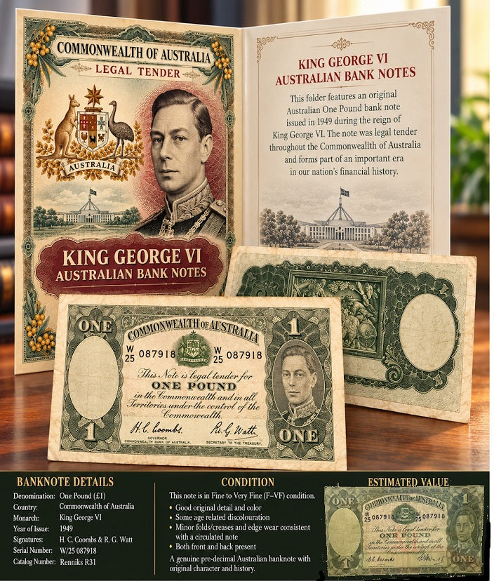 1949 Australian Heritage One Pound Banknote – Australian King George Currency