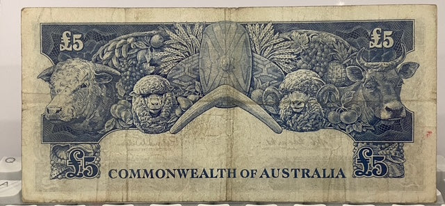1960 Australian Five Pound Banknote – Coombs/Wilson – Sir John Franklin – Pre-Decimal Currency