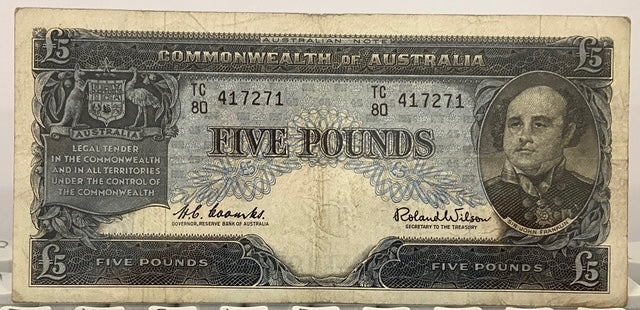 1960 Australian Five Pound Banknote – Coombs/Wilson – Sir John Franklin – Pre-Decimal Currency