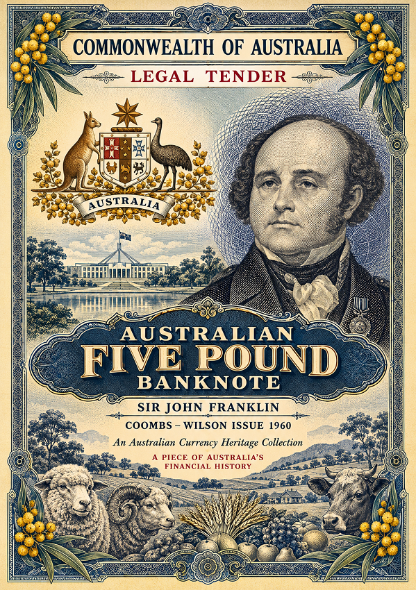 1960 Australian Five Pound Banknote – Coombs/Wilson – Sir John Franklin – Pre-Decimal Currency