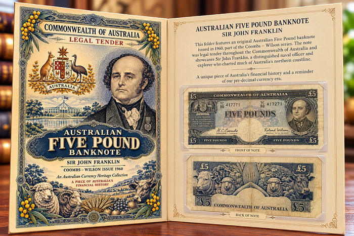 1960 Australian Five Pound Banknote – Coombs/Wilson – Sir John Franklin – Pre-Decimal Currency