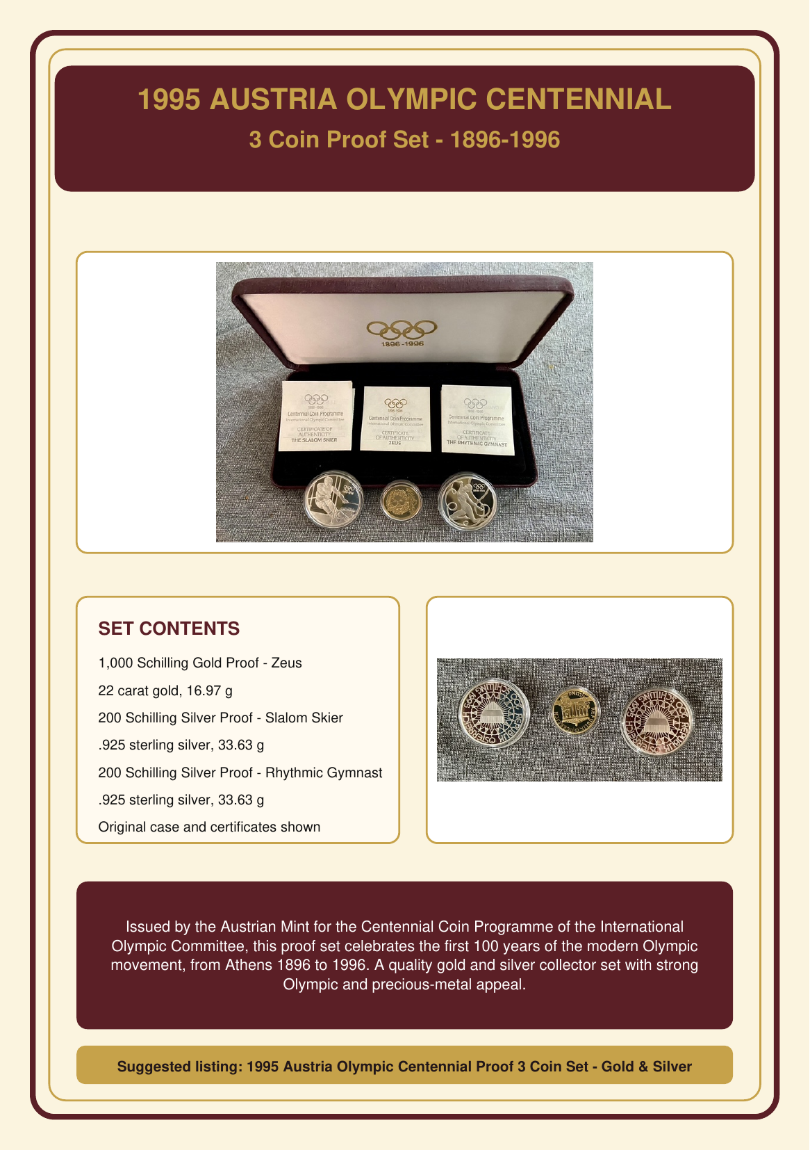 1995 Olympic Centennial (1896–1996) 3-Coin Proof 1 x Gold 2 x Silver Coins