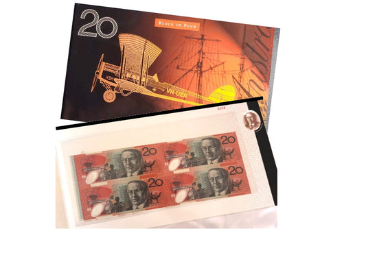 1998 Australia $20 Banknote – Uncut Block of Four Premium Red Serial 154/400