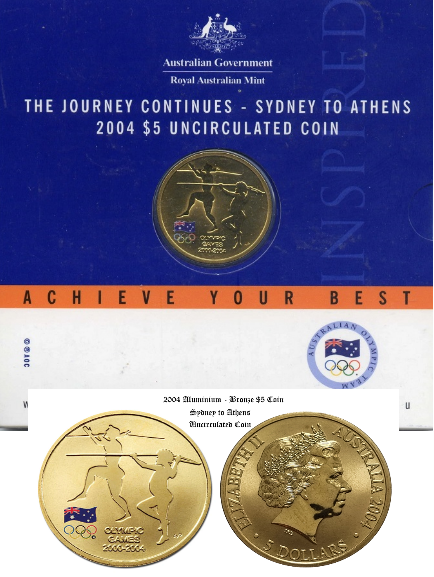 2004 $5 UNC Coin “The Journey Continues – Sydney to Athens” Free Post All Australia