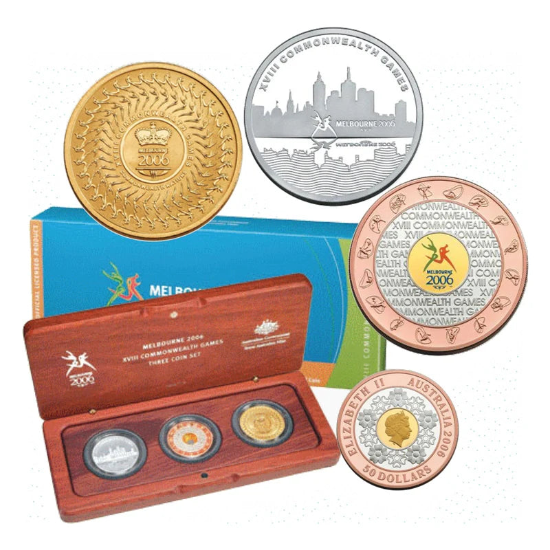 2006 Commonwealth Games Melbourne 3-Coin Proof Set | $50 Tri-Metal, $5 Silver & $5 UNC