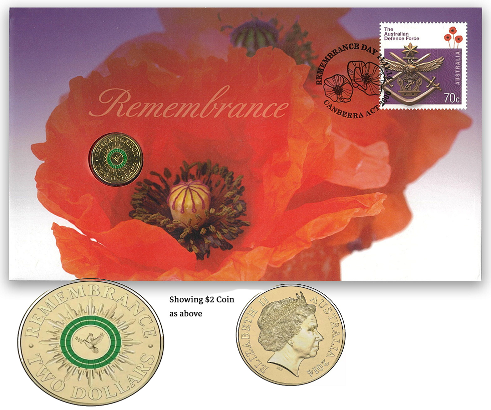 2014 Anzacs PNC Remembrance Day Green Dove UNC Coloured $2 Coin & Stamp Cover