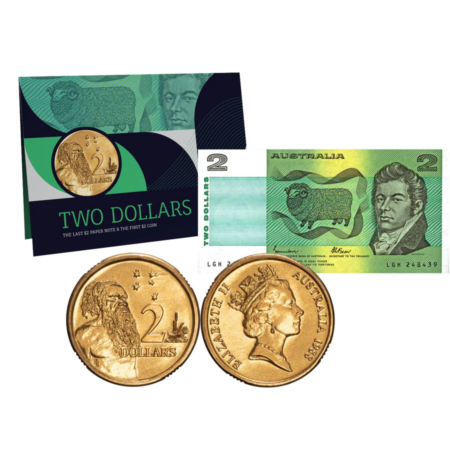 1988 Australia $2 Last Paper Note & First Coin – Uncirculated Currency Heritage Pack