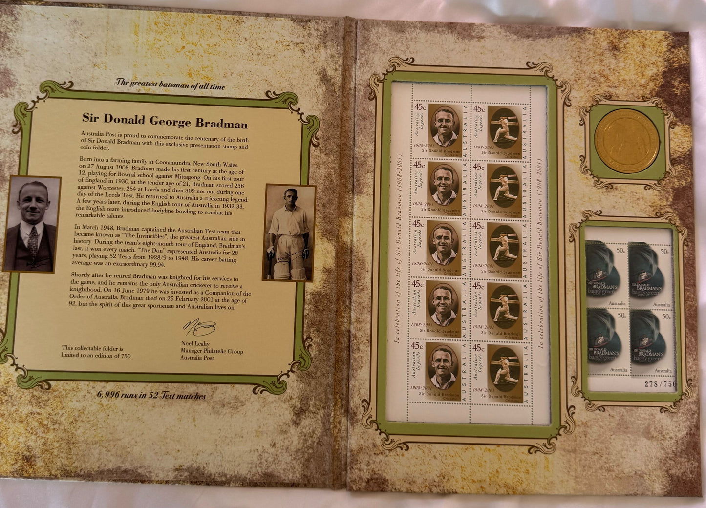 2008 $5 SIR DONALD DON BRADMAN STAMP & COIN FOLDER