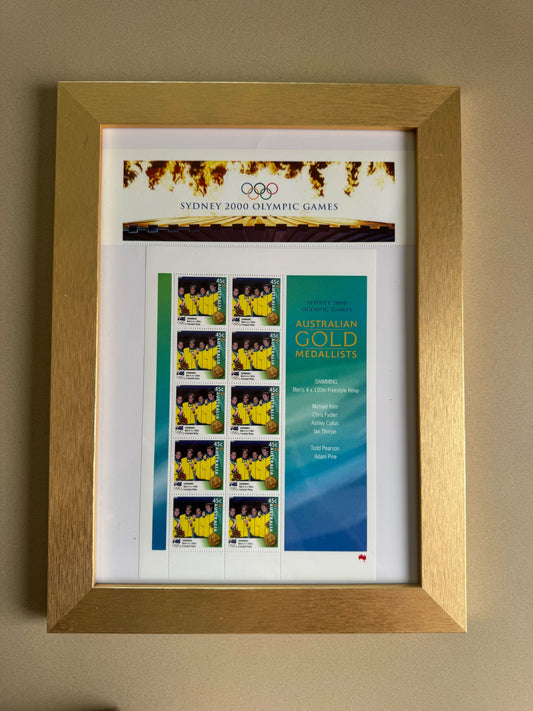 Sydney 2000 Olympic Games – Men’s 4 × 100m Freestyle Relay Gold Medallists MNH Sheetlet (Framed)