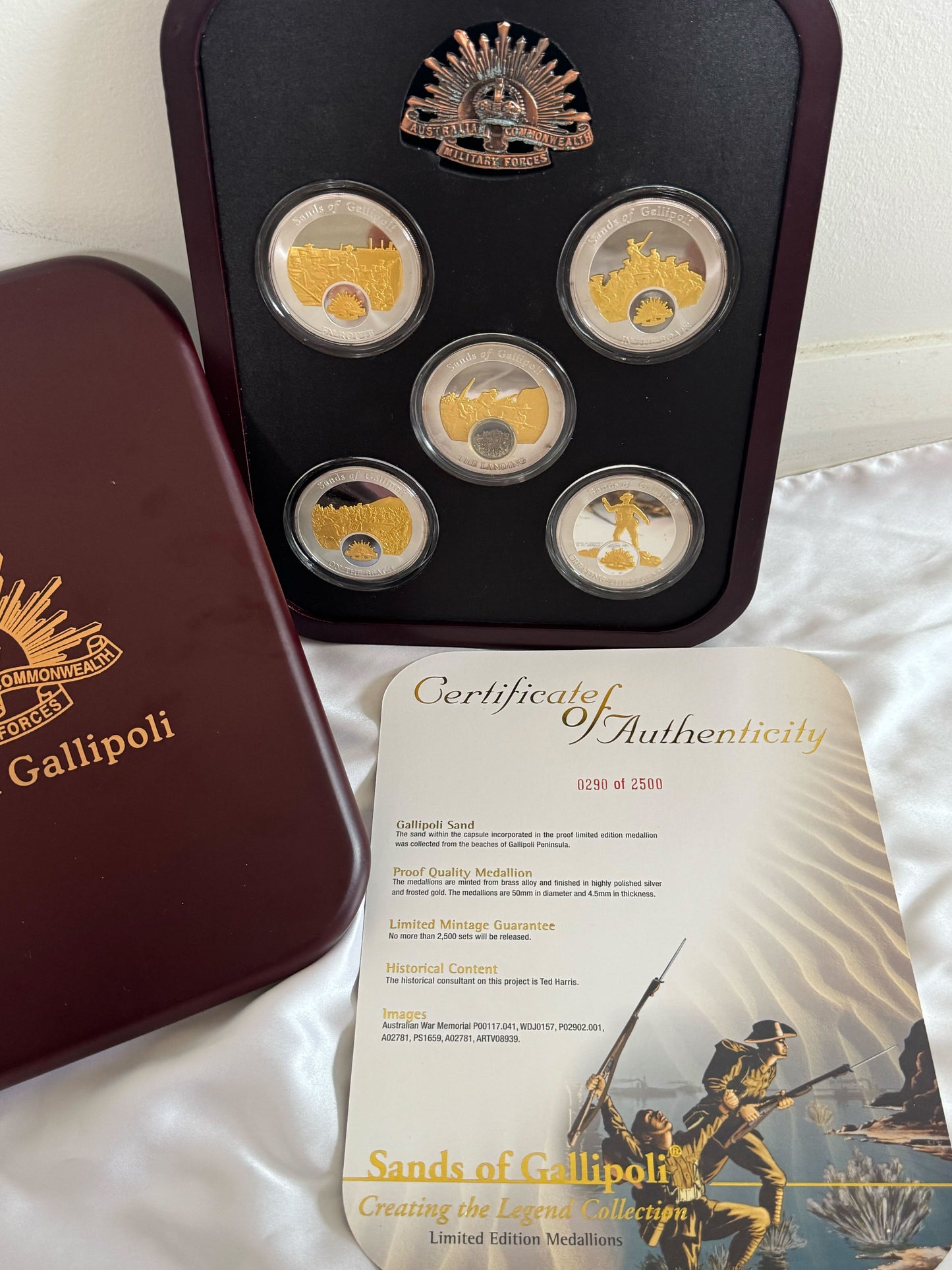 2008 “Sands of Gallipoli” Set of Five Limited Edition Medallions – Display Case (No. 0290/2500)