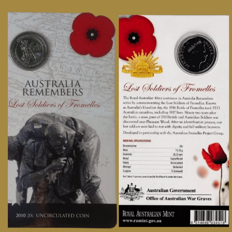 2010 Australia Remembers Lost Soldiers of Fromelles UNC 20c Coin Card Free Post