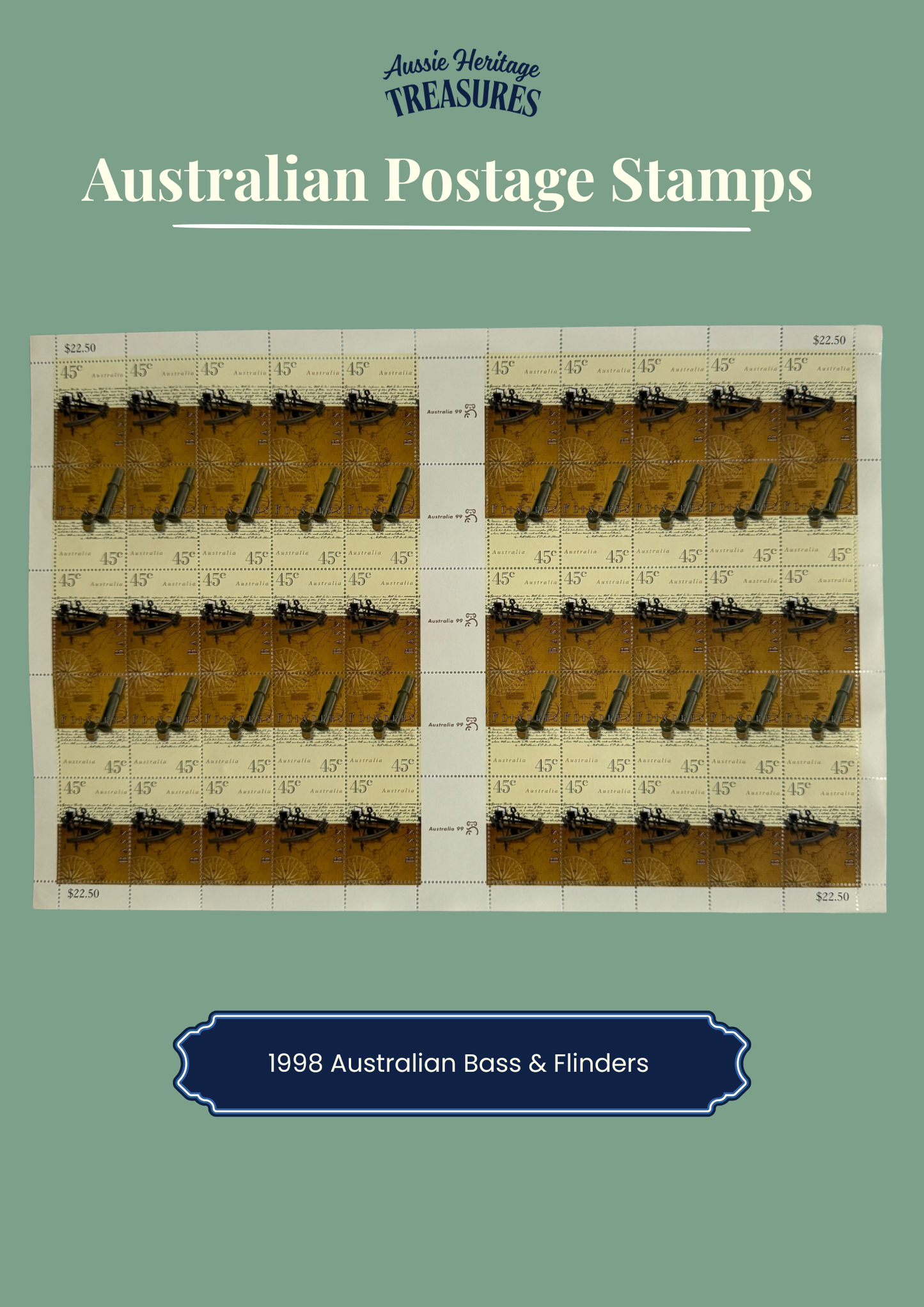 1998 45c Australian Bass & Flinders Stamps 2 x Full Stamp Sheets - 100 stamps