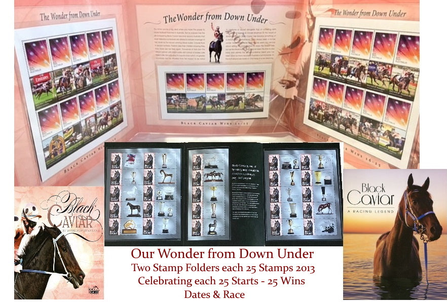 Two Folders 50 x 2013 Stamps Celebrating Black Caviar her Amazing Wins