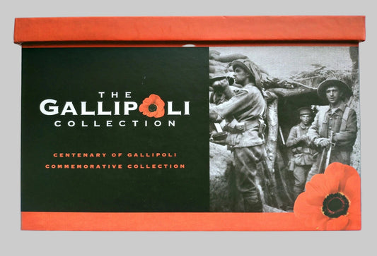 Gallipoli Collection box with black and white image of soldiers and poppies on a red background