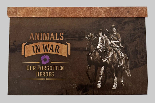Product packaging with a horse and rider illustration and text 'Animals in War: Our Forgotten Heroes' on a brown background.