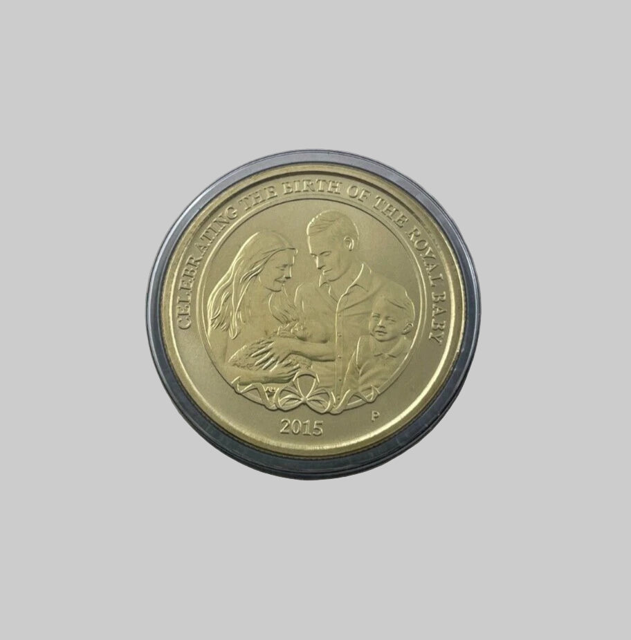 Gold coin with a black rim featuring an engraved design on a gray background