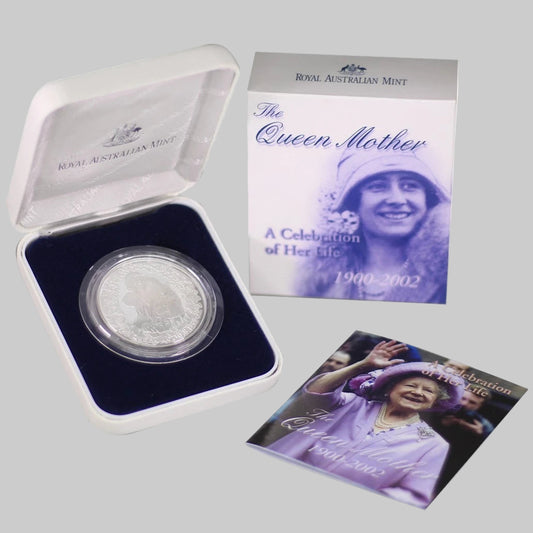 2002 Queen Mother Commemorative – 1oz Silver Proof Five Dollar Coin