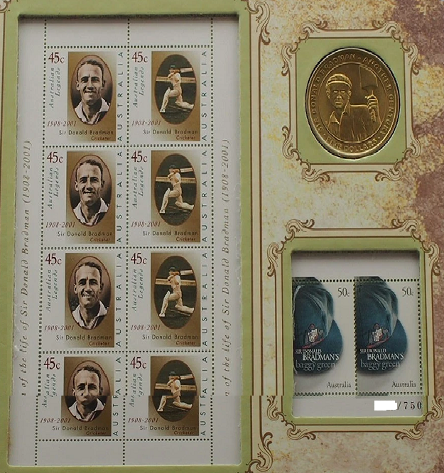 Sir Donald Bradman Limited Edition 2008 Folder - Rare $5 Coin & Stamp Sheets