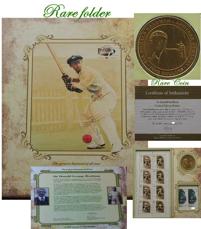 Sir Donald Bradman Limited Edition 2008 Folder - Rare $5 Coin & Stamp Sheets