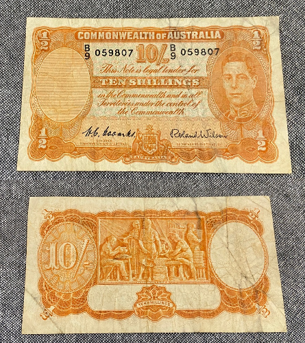 Australian heritage 1952 King George V1 -10 Shilling Bank Note -10 Bob Note