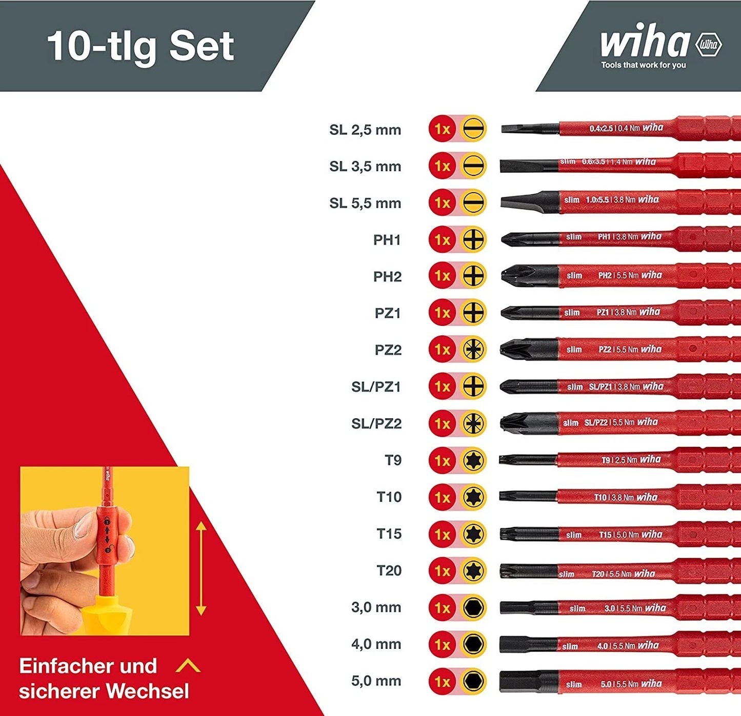 Wiha 41231 19 Pc SlimVario Standard & Stubby Interchangeable VDE Screwdriver Set